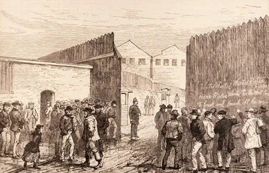 Die Arbeitslosen von London: Inschrift auf den Toren, West India Docks, aus 